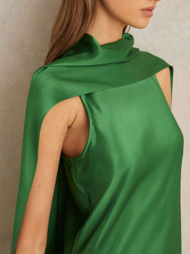 MIRANDA-Petite Satin Cape Maxi Dress in Green