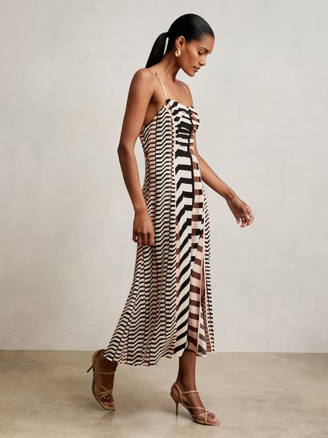 MIRANDA-Chevron-Stripe Ruched Midi Dress in Black/Brown