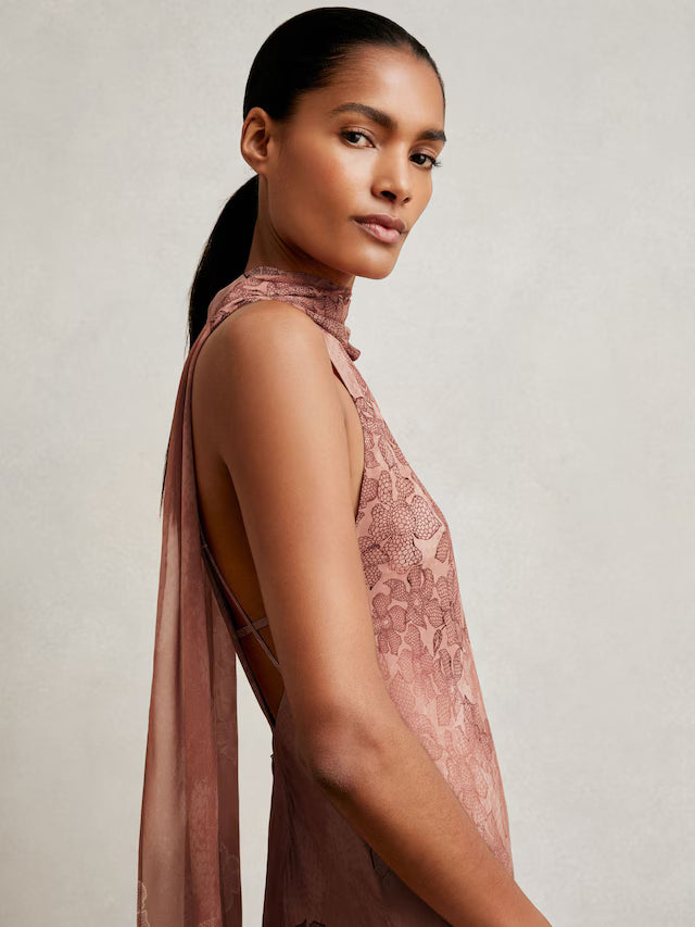 MIRANDA-Chiffon Floral Cape Maxi Dress in Pale Pink