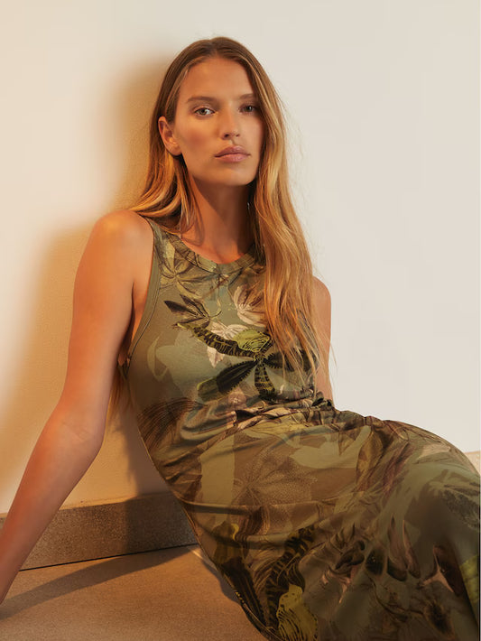 MIRANDA-Reiss | NYBG Floral Ruched Jersey Dress in Khaki