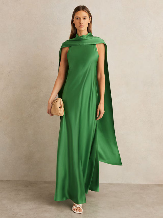 MIRANDA-Petite Satin Cape Maxi Dress in Green