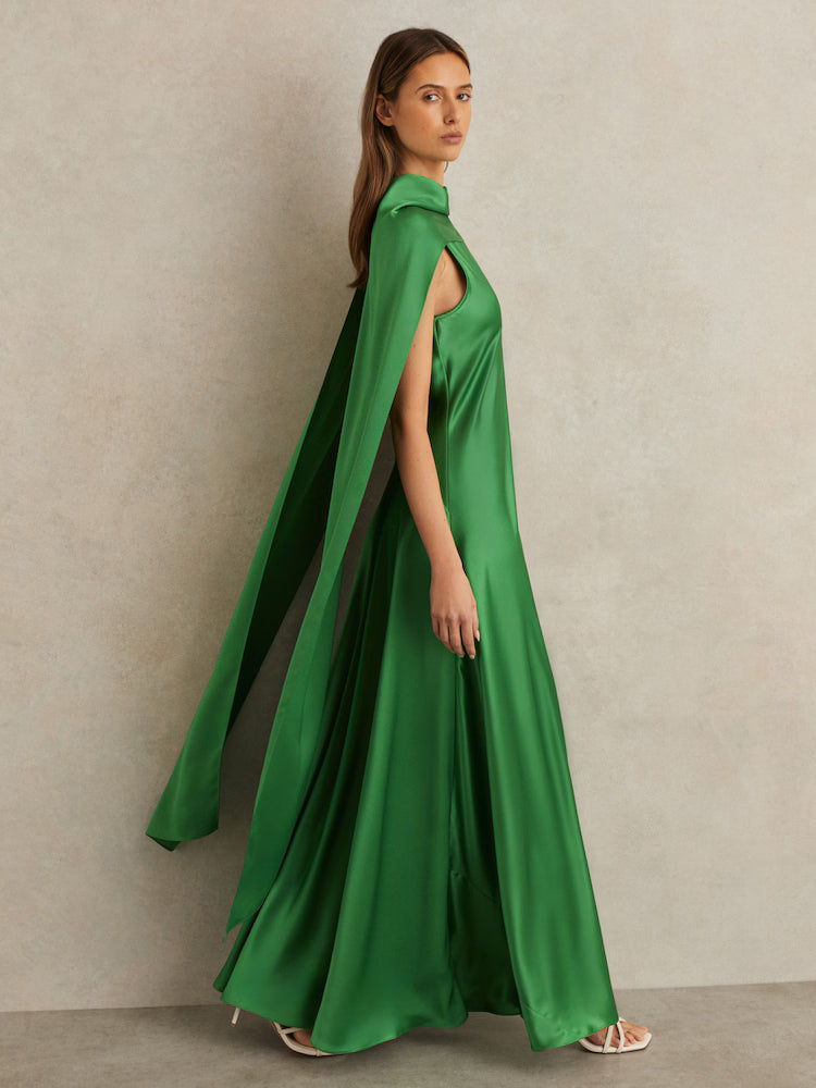 MIRANDA-Petite Satin Cape Maxi Dress in Green