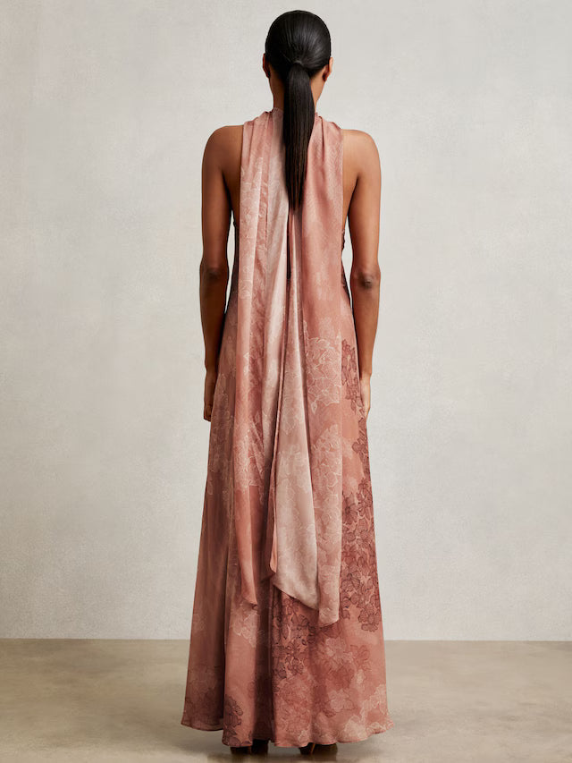 MIRANDA-Chiffon Floral Cape Maxi Dress in Pale Pink