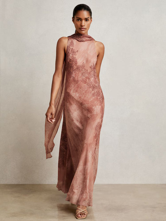 MIRANDA-Chiffon Floral Cape Maxi Dress in Pale Pink