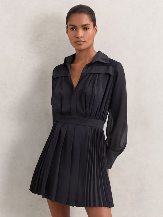 MIRANDA-Pleated Sheer-Sleeve Mini Dress in Navy