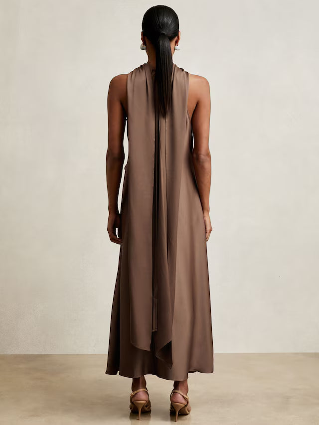 MIRANDA-Satin Tuck-Detail Cape Midi Dress in Taupe Brown