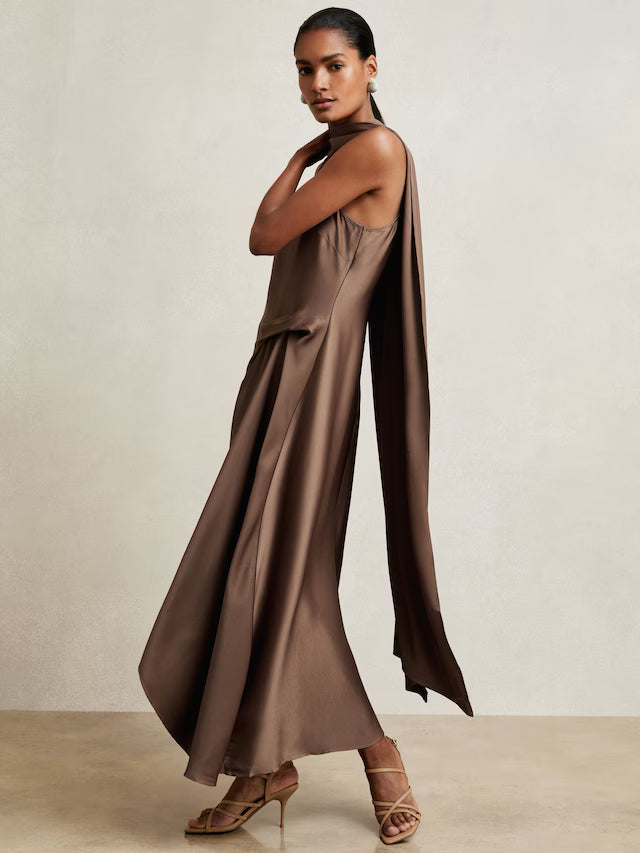 MIRANDA-Satin Tuck-Detail Cape Midi Dress in Taupe Brown