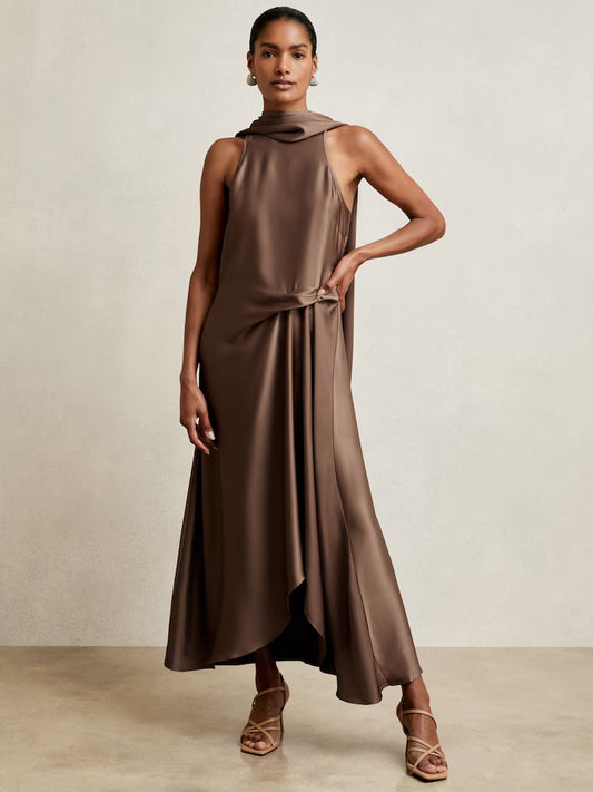 MIRANDA-Satin Tuck-Detail Cape Midi Dress in Taupe Brown