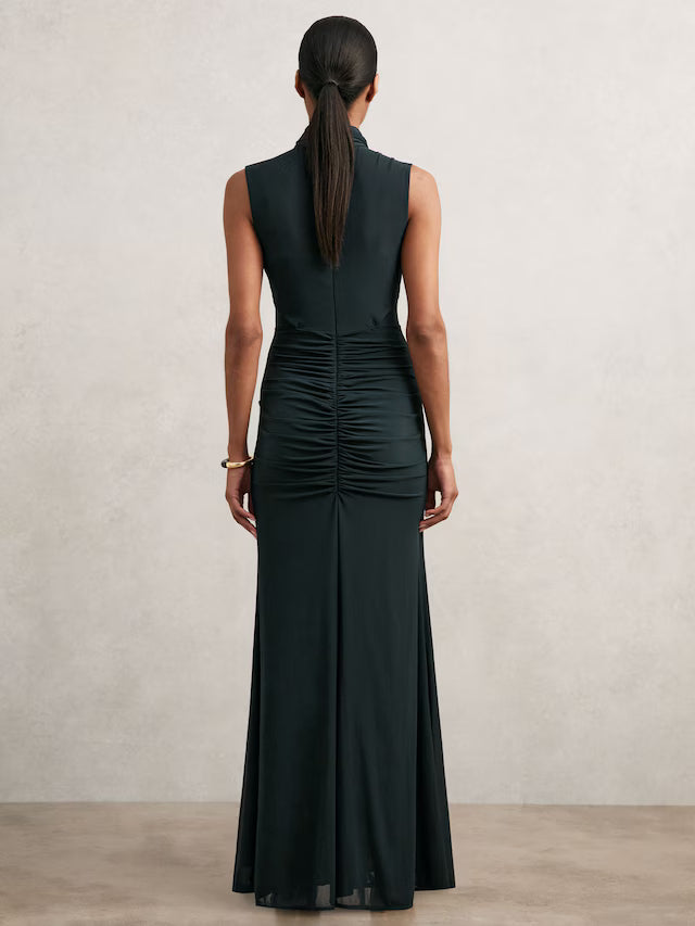 MIRANDA-Sheer Ruched Maxi Dress in Teal