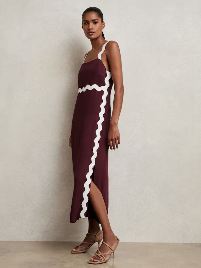 MIRANDA-Wave-Trim Crepe Midi Dress in Burgundy