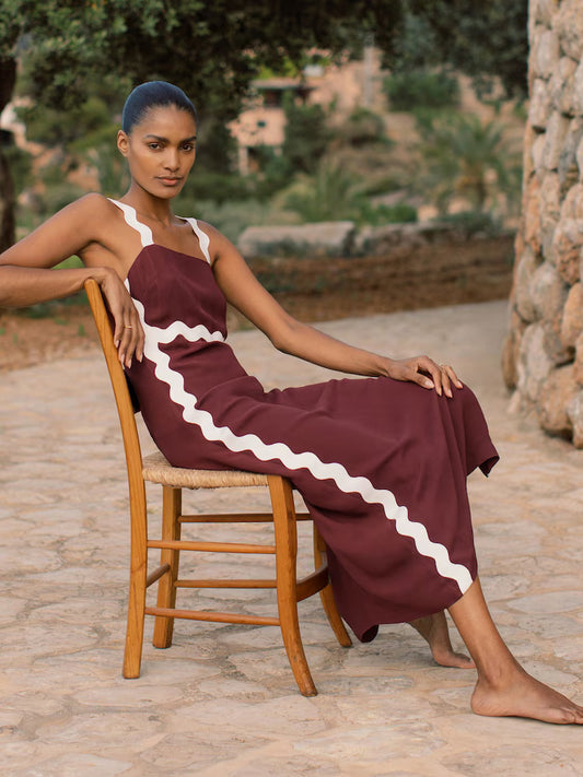 MIRANDA-Wave-Trim Crepe Midi Dress in Burgundy
