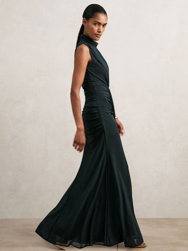 MIRANDA-Sheer Ruched Maxi Dress in Teal