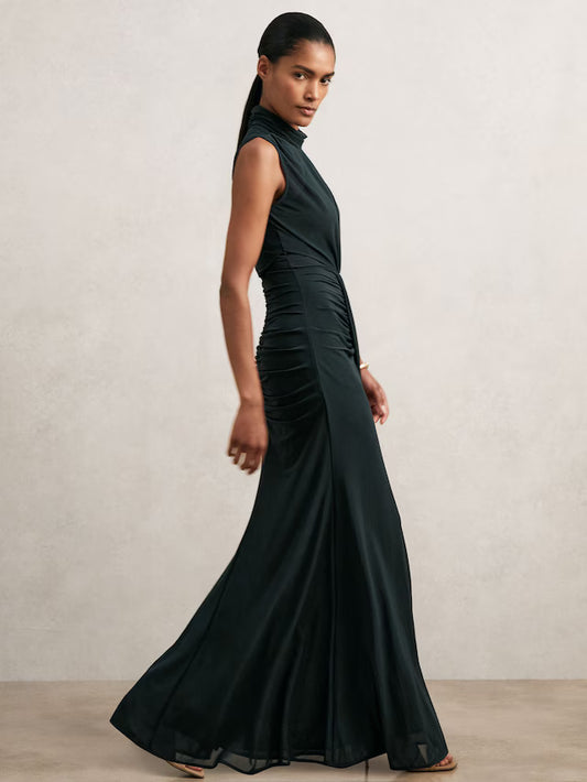MIRANDA-Sheer Ruched Maxi Dress in Teal