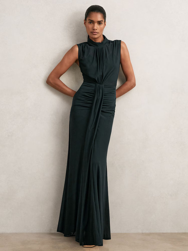 MIRANDA-Sheer Ruched Maxi Dress in Teal