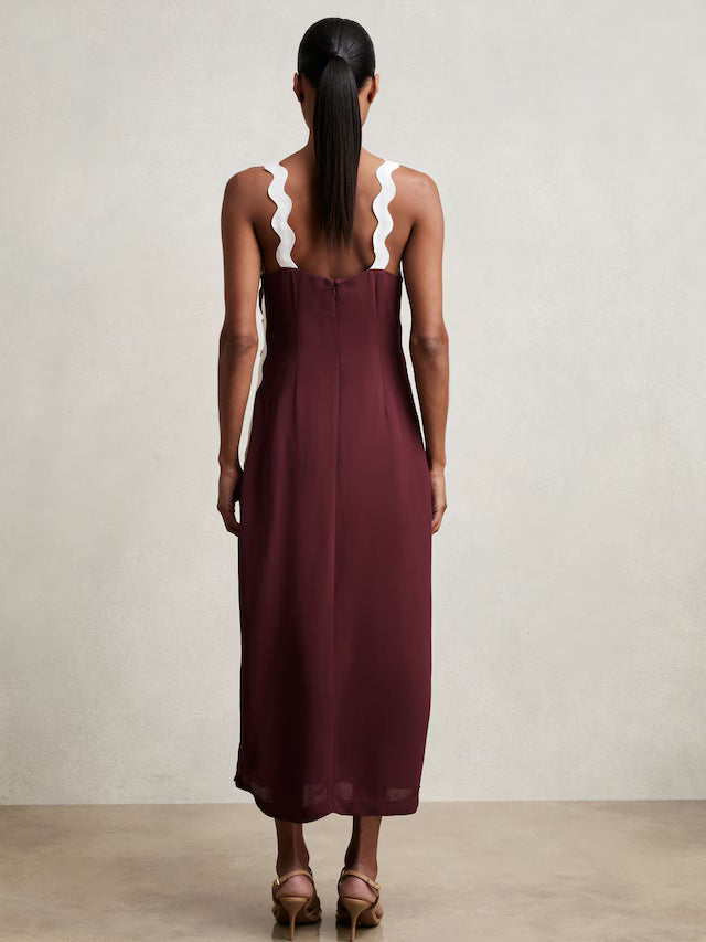 MIRANDA-Wave-Trim Crepe Midi Dress in Burgundy