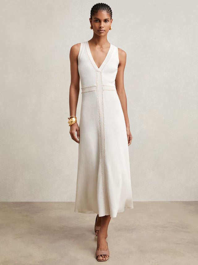 MIRANDA-Craft-Stitch Knitted Midi Dress in Ivory