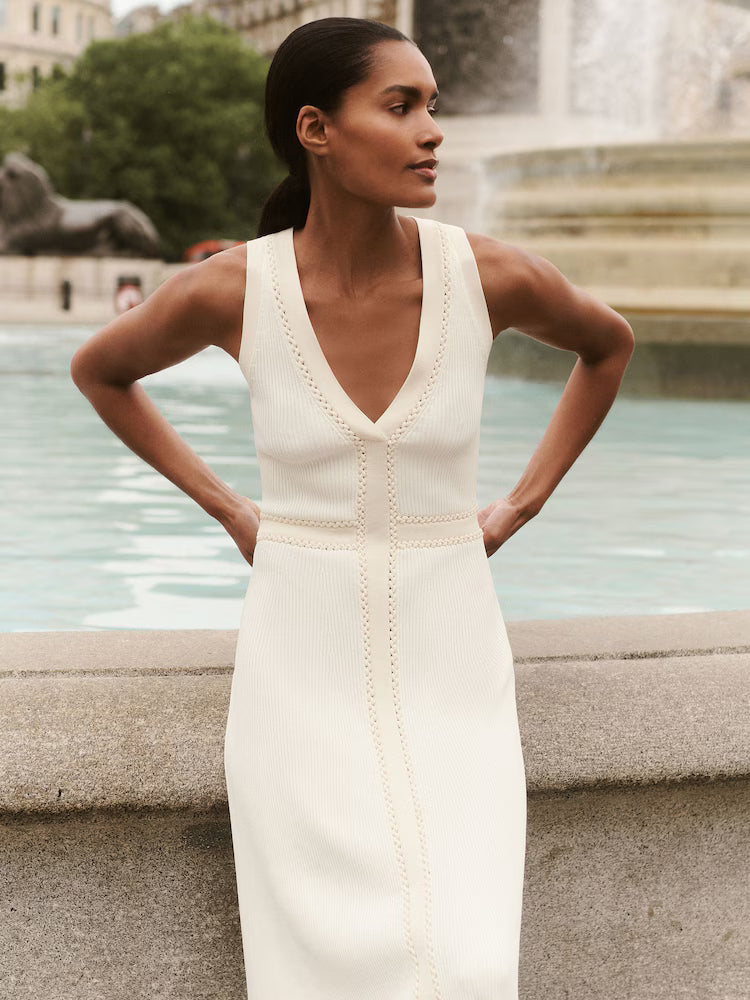 MIRANDA-Craft-Stitch Knitted Midi Dress in Ivory
