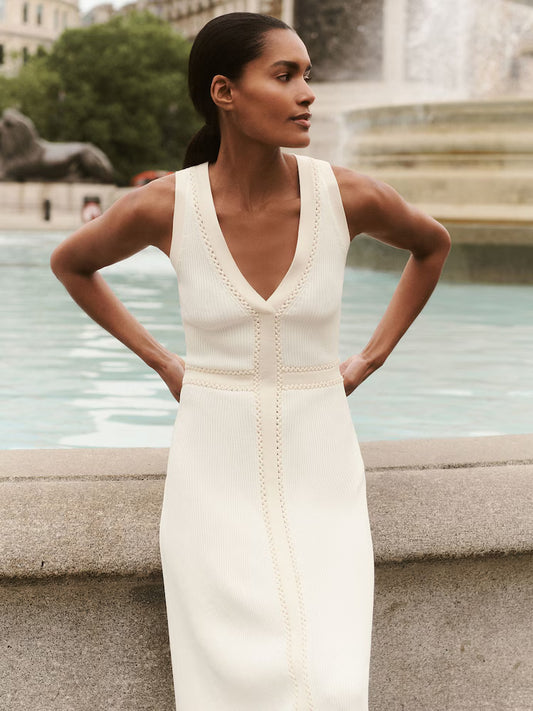 MIRANDA-Craft-Stitch Knitted Midi Dress in Ivory